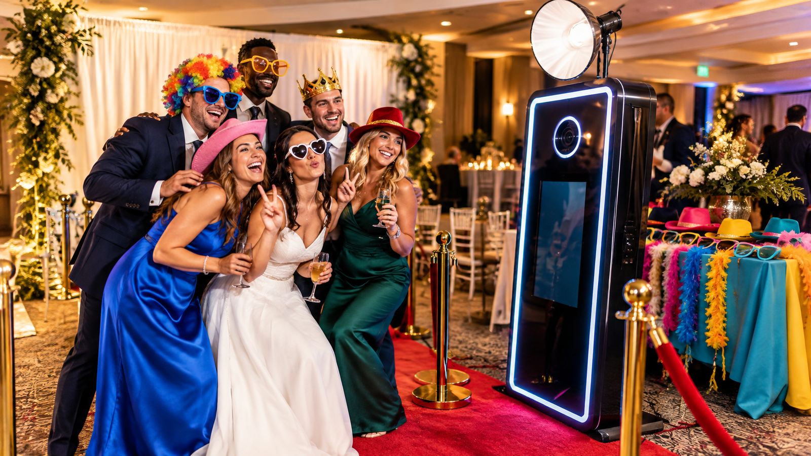 Guests posing with fun props, hats, and glasses at a modern mirror photo booth during a wedding reception.
